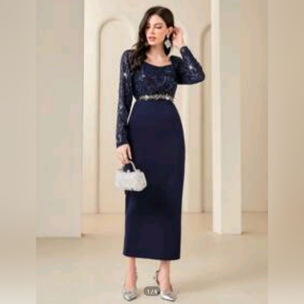 Elegant Navy Blue Lace Dress. Belt Not Included